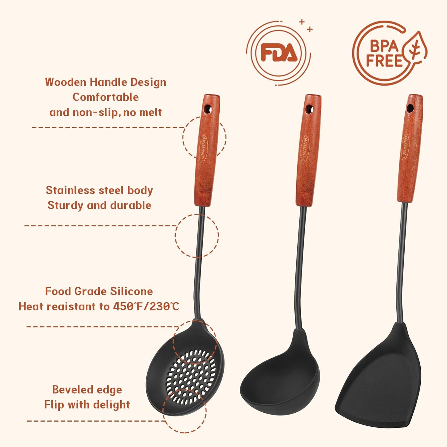 FJNATINH Wok Tools, Wok Utensil,Wok Spatula,Ladle,Skimmer Tool Set,Non Stick Heat-Resistant Silicone Cooking Utensils BPA Free Kitchen Utensils Cookware, Pack of 3,Black