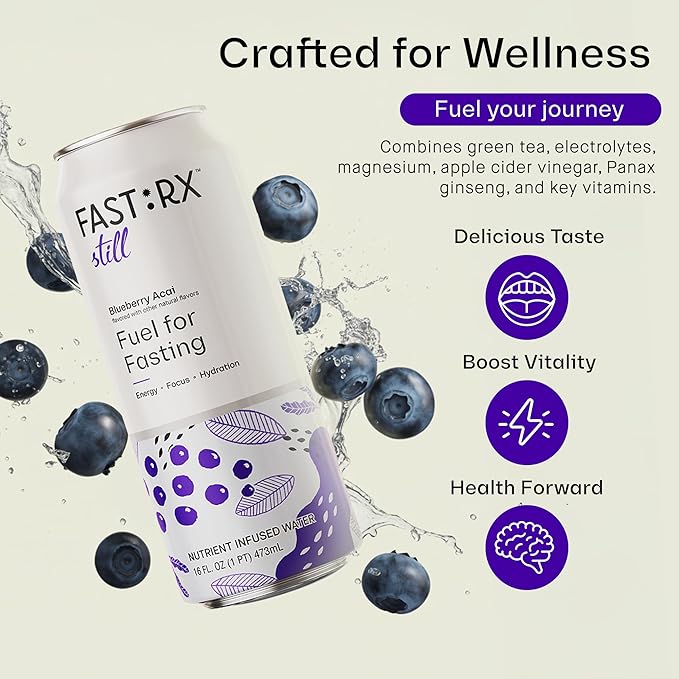 FASTRX Blueberry Acai Still Fasting Electrolyte Drink – Hunger Suppressant, Includes Essential Electrolytes and Vitamins, De-Sugared Blueberry Juice – Zero Sugar, 16 Fl Oz, Pack of 12