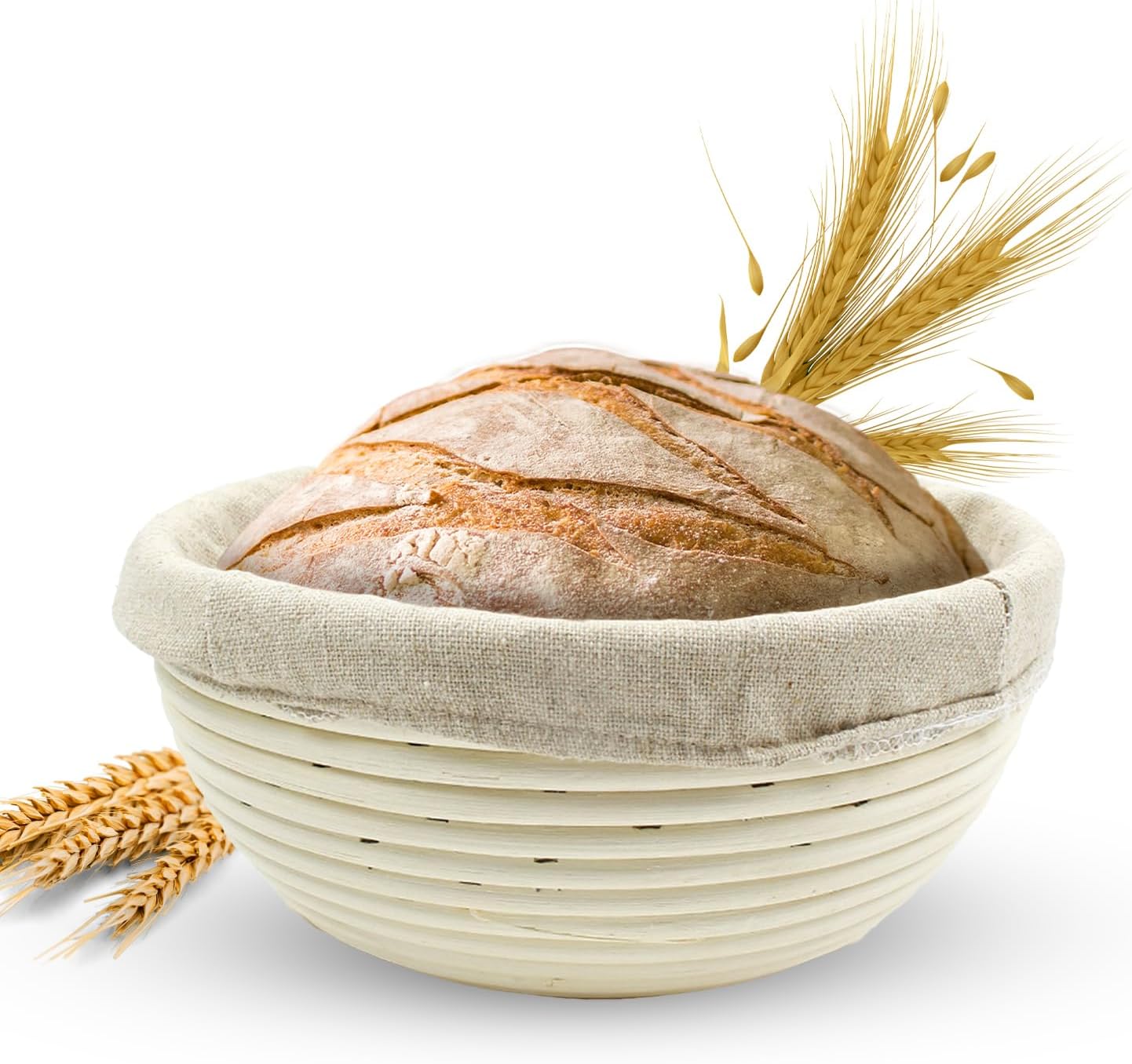 Banneton Bread Proofing Basket sourdough proofing basket for Beginners & Professional Bakers, Handwoven Rattan Cane Bread Maker with Linen for Artisan Breads, 8.5 x 3 In, 1-Pound Round Brotform