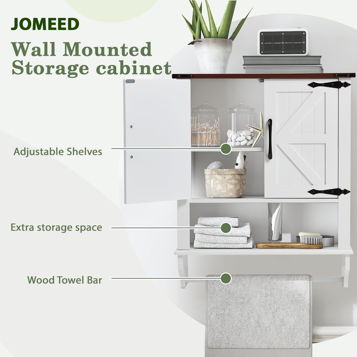 JOMEED Bathroom Wall Cabinet, Farmhouse Medicine Cabinet Storage with Doors and Adjustable Shelf, Over The Toilet Storage, White