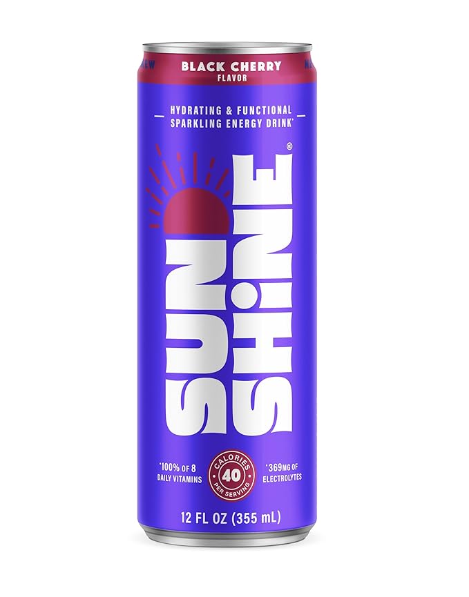 Sunshine Sparkling Energy Drink, Black Cherry with Daily Essential Vitamins, 360mg of Electrolytes, 70mg of Natural Caffeine, 12 Fl Oz (Pack of 24)