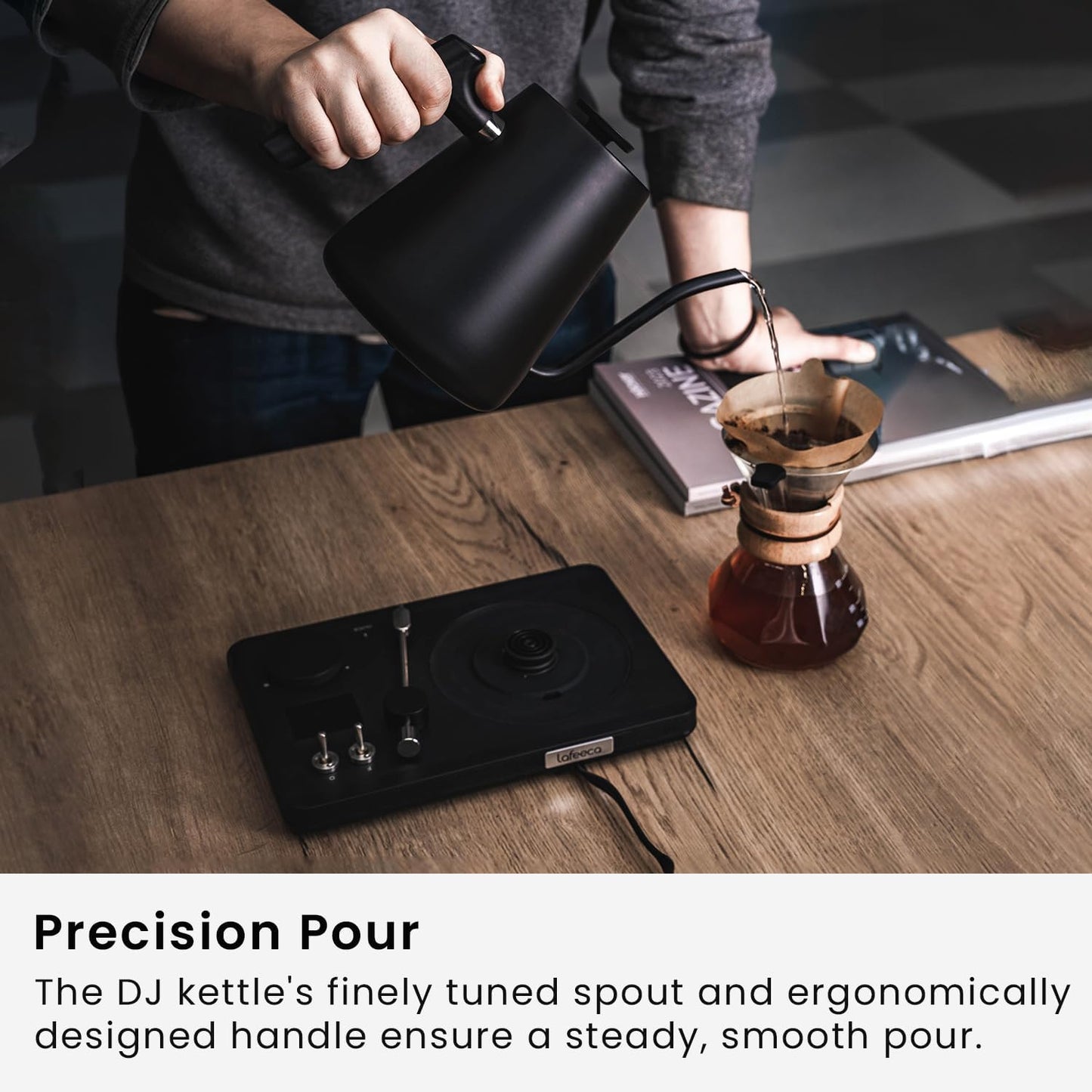 DJ Electric Gooseneck Kettle for Pour Over Coffee & Tea - Water Boiler - Turntable Design - Quick Heating & Temperature Control - Stainless Steel