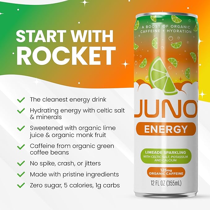 JUNO ENERGY Limeade Sparkling Energy Drink - Sugar Free Electrolytes, Energizing and Hydrating with 125mg Organic Caffeine from Green Coffee Beans, Organic Monk Fruit, Lime Juice & Electrolytes - Vegan, Gluten Free, 12 Pack