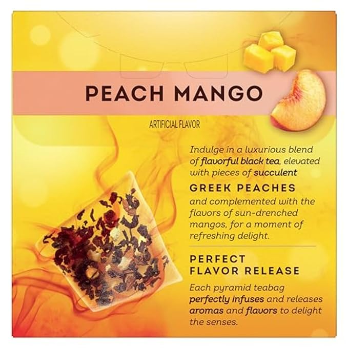 Lipton Black Tea Peach Mango, Pyramid Tea Bags, Flavored Teabags for a Refreshing Cup of Tea, 20 Total Tea Bags