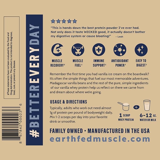 Earth Fed Muscle Whey Back Irish Grass Fed Whey Protein Isolate - NSF-Certified. No Artificial Ingredients, Soy Free, Gluten Free, Non-GMO and Hormone Free (2 Pound, 29 Servings, Vanilla)
