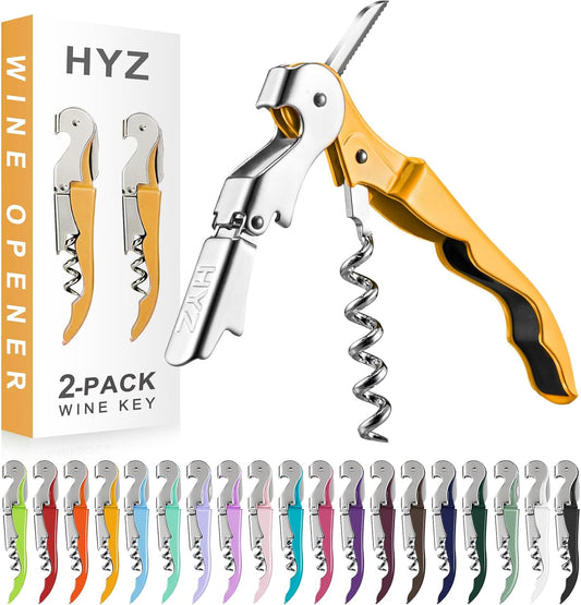 HYZ 2-Pack Wine Opener Waiter Corkscrew, Professional Wine Key for Servers, Bartender with Foil Cutter, Manual Wine Bottle Opener Double Hinged (Yellow)