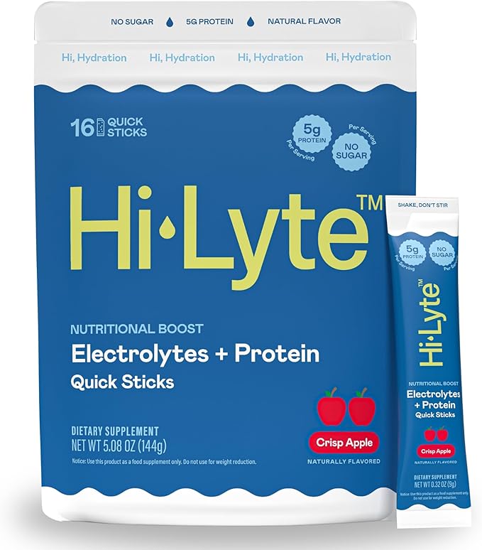 Hi-Lyte Nutritional Boost - Electrolytes + Protein Quick Sticks - Crisp Apple - Hydration + Whey Protein Powder Packets - 5g Protein, Electrolytes, No Sugar, Keto Friendly