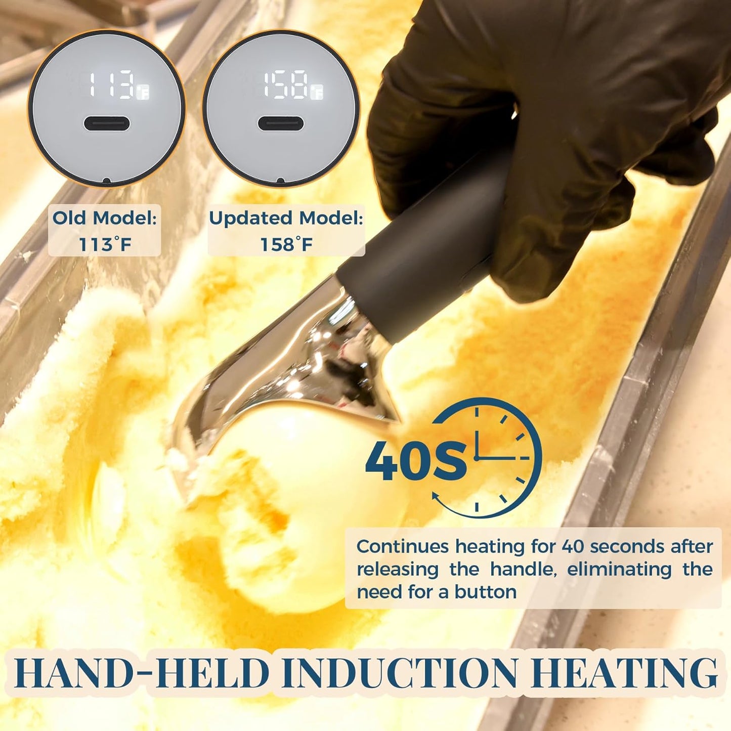 Heated Ice Cream Scoop Rechargeable, Electric Warming Ice Cream Scooper with LED Display, Heats to 158°F for Hard Ice Cream, Easy for Seniors & Kids, IP67 Waterproof (Black, 2 oz)