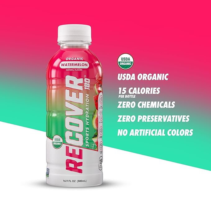 RECOVER 180 Organic Sports Hydration Drink, No Sugar Added, 20 Calorie Sports Beverage, Organic Flavors With Vitamins, Potassium-Packed Electrolytes (16.9 Fl Oz (Pack of 12), Watermelon)