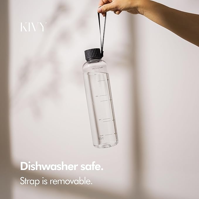 KIVY Slim Water Bottle 32oz [Lightweight & Shatterproof] Fits Backpack & Cupholder for Travel, Sports, School, Gym - Clear water bottle with measurements - Transparent Tritan Black - Dishwasher Safe