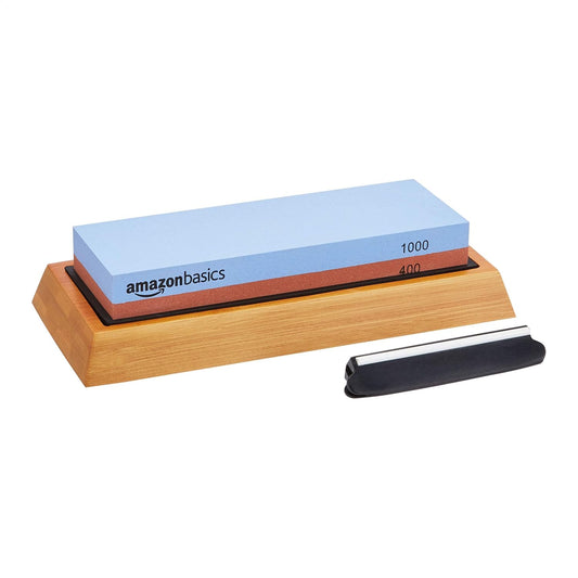 Amazon Basics Whetstone Knife Sharpening Wet Stone Dual Sided 400/1000 Grit with Non-Slip 1 Pc, Bamboo Base, Black & Grey