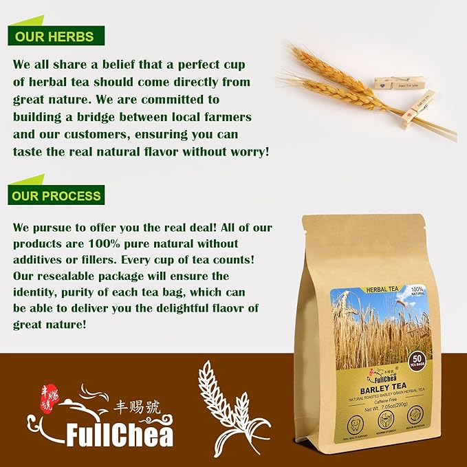 FullChea - Barley Tea, 4g X 50 Count - Premium Natural Roasted Barley Grain - Mild Baking Type - Non-GMO - Caffeine-free - Damai Cha - Digestion Support & Rich in Nutrition