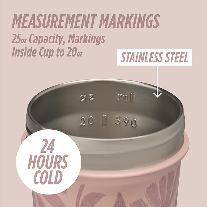 BlenderBottle Strada Flip Shaker Cup Insulated Stainless Steel Water Bottle with Wire Whisk, 25-Ounce, Brown Flowers