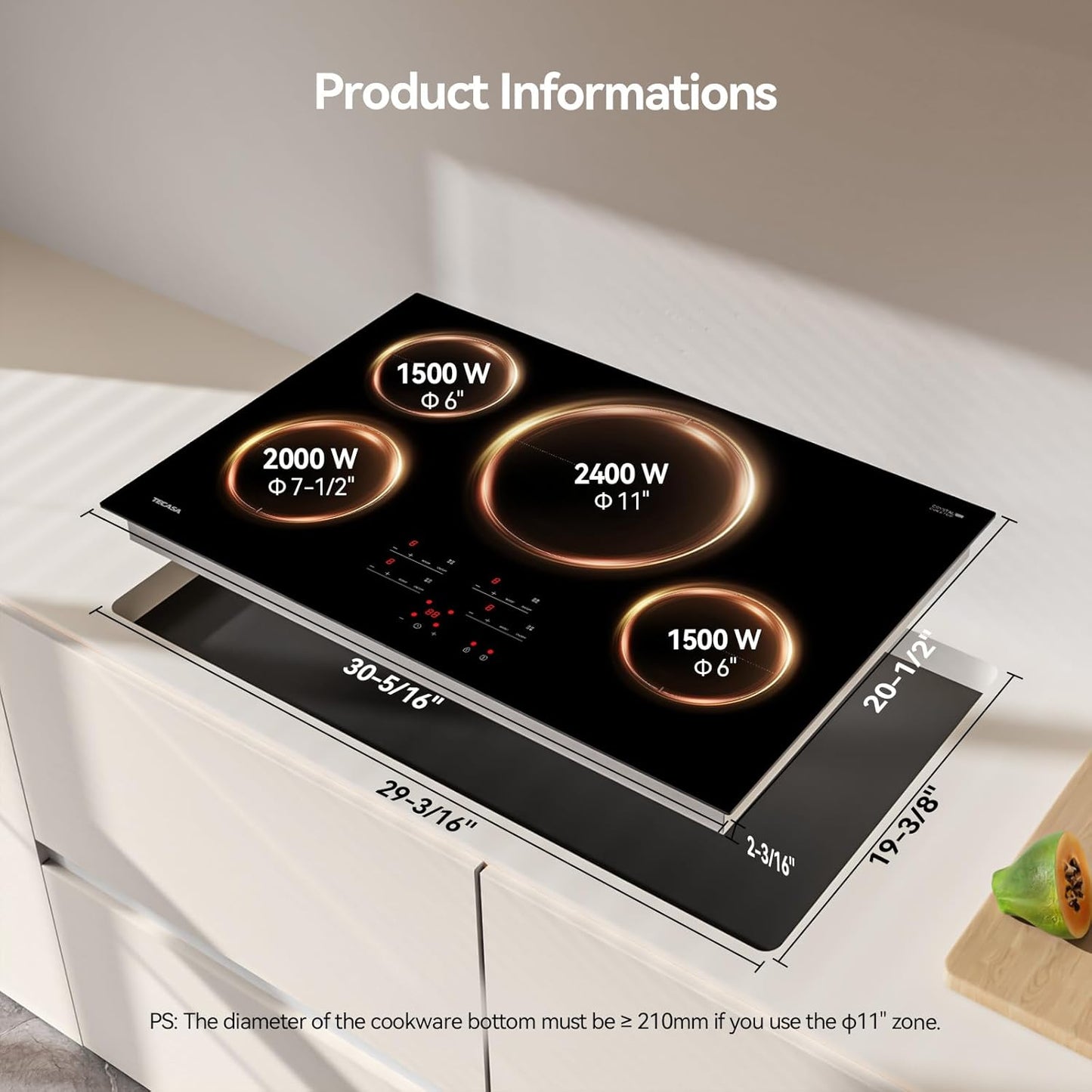30 Inch Induction Cooktop 7400W, TECASA Built-in Induction Stovetop with 4 Boost Burner, Timer & Child Safety Lock, 9 Heating Level, Sensor Touch Control, 240V, Drop-in Electric Stove Top