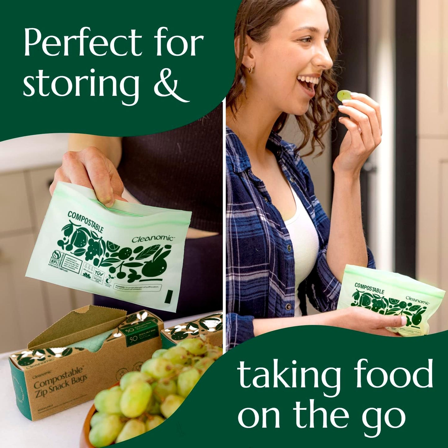 Cleanomic Compostable* Snack Size Food Storage Bags (50 Eco Zip) Freezer and Leak Proof, Also Available Gallon, Quart and Sandwich Size Bags