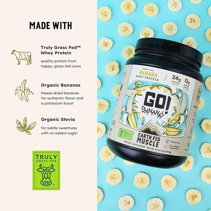 Earth Fed Muscle Go! Bananas Irish Grass‑Fed Whey Protein Isolate – All Natural Banana Flavor, Zero Added Sugar, Soy‑Free, Gluten‑Free (2lb, 27 Servings, Banana)