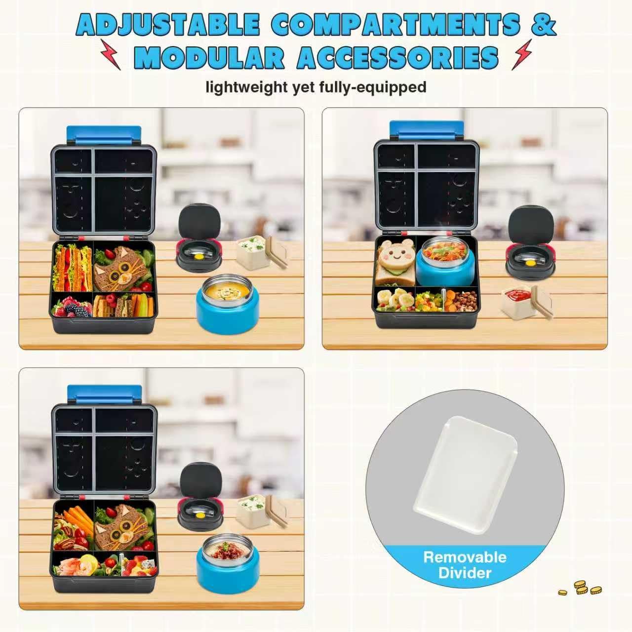 Game Bento Box for Kids, Lunch Box with Thermo(9oz Food Jar), Folding Spoon, Removable Divider & Sauce Cup, Lunch Box Kids for School,Travel, BPA-Free & Realistic Shape(Blue-Red)