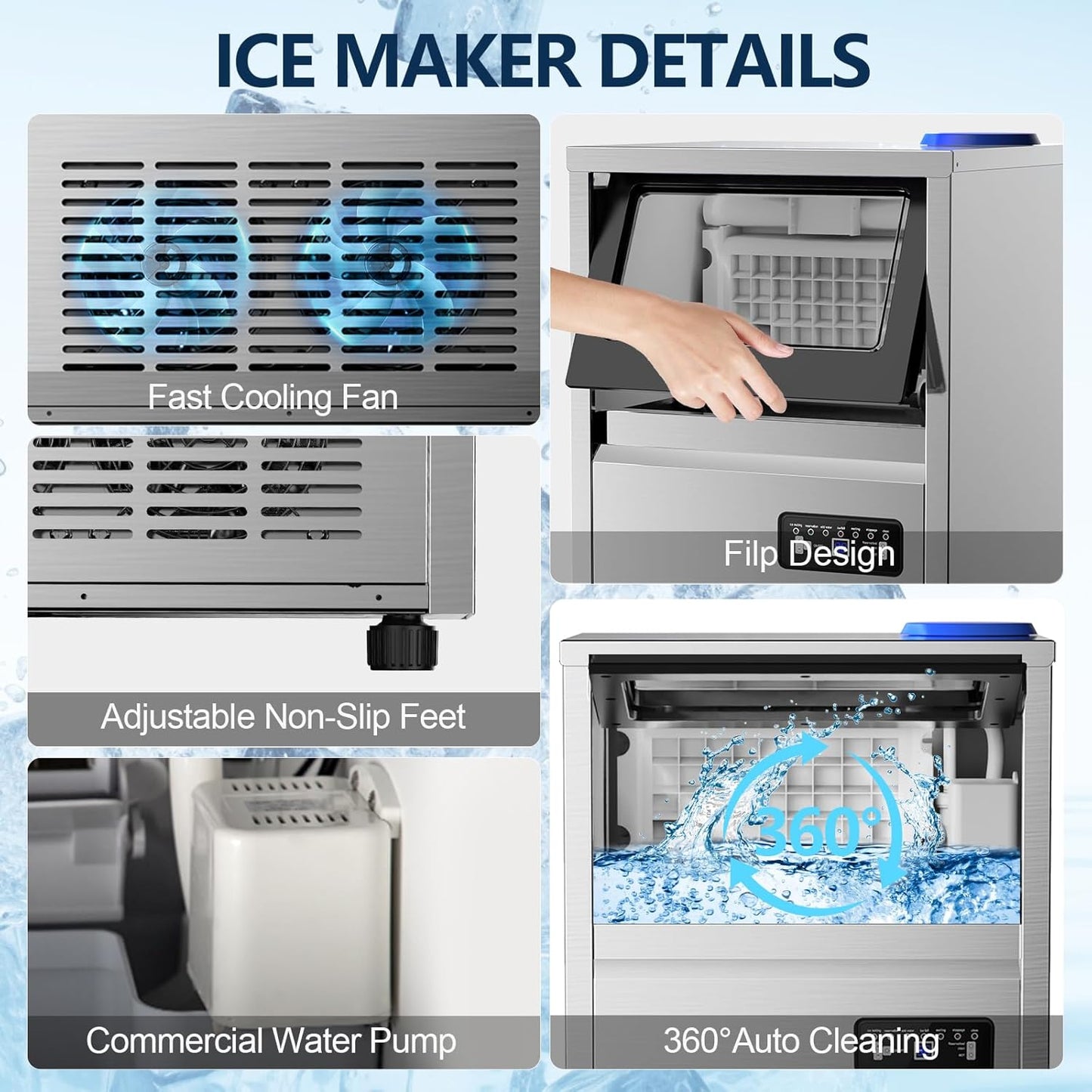 Commercial Ice Maker Machine, 150Lbs/24H with 45Lbs Storage, Fast Ice Making in 8-15Mins, Stainless Steel Under Counter or Freestanding Ice Machine for Home, Party, Office - 2 Water Inlet Modes