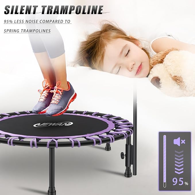 Newan 40" Silent Mini Trampoline with Adjustable Handle Bar Fitness Trampoline Bungee Rebounder Jumping Cardio Trainer Workout for Adults - Max Limit 330 lbs