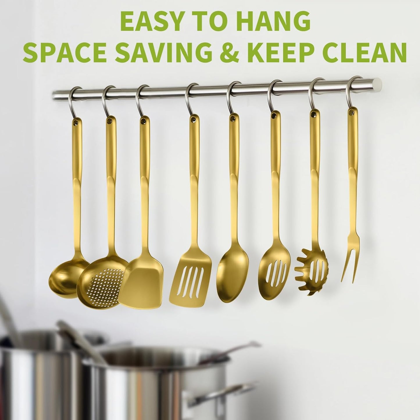 304 Stainless Steel Cooking Utensils Set, 8PCS Kitchen Utensils Set, Include Skimmer, Soup Ladle, Spaghetti Server, Wok Spatula, Slotted Spoon, Solid Spoon, Slotted Spatula Turner & Meat Fork, Gold