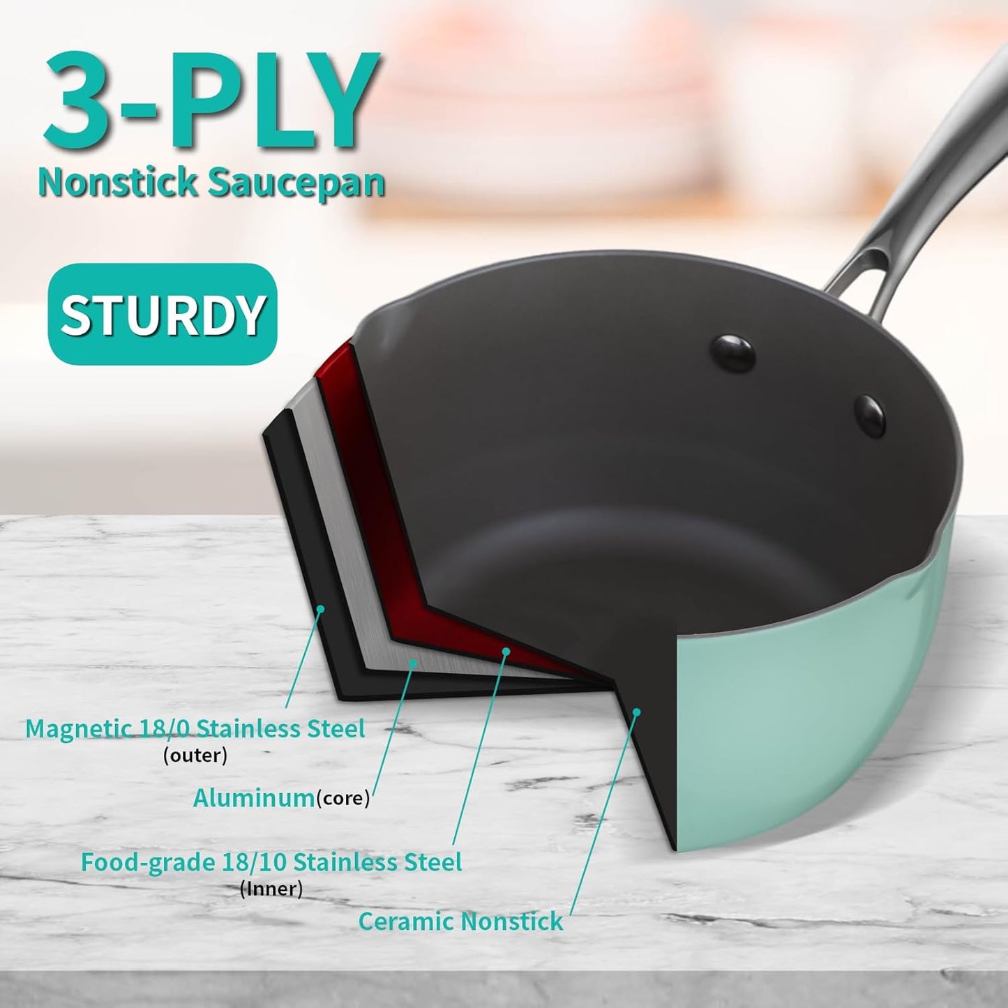 Ceramic Nonstick Tri-Ply Stainless Steel Sauce Pan with Steamer,2.5 Quart Small Multipurpose Pot with Pour Spout,Strainer Glass Lid, 2qt Saucepan for Cooking with Stay-cool Handle,Green