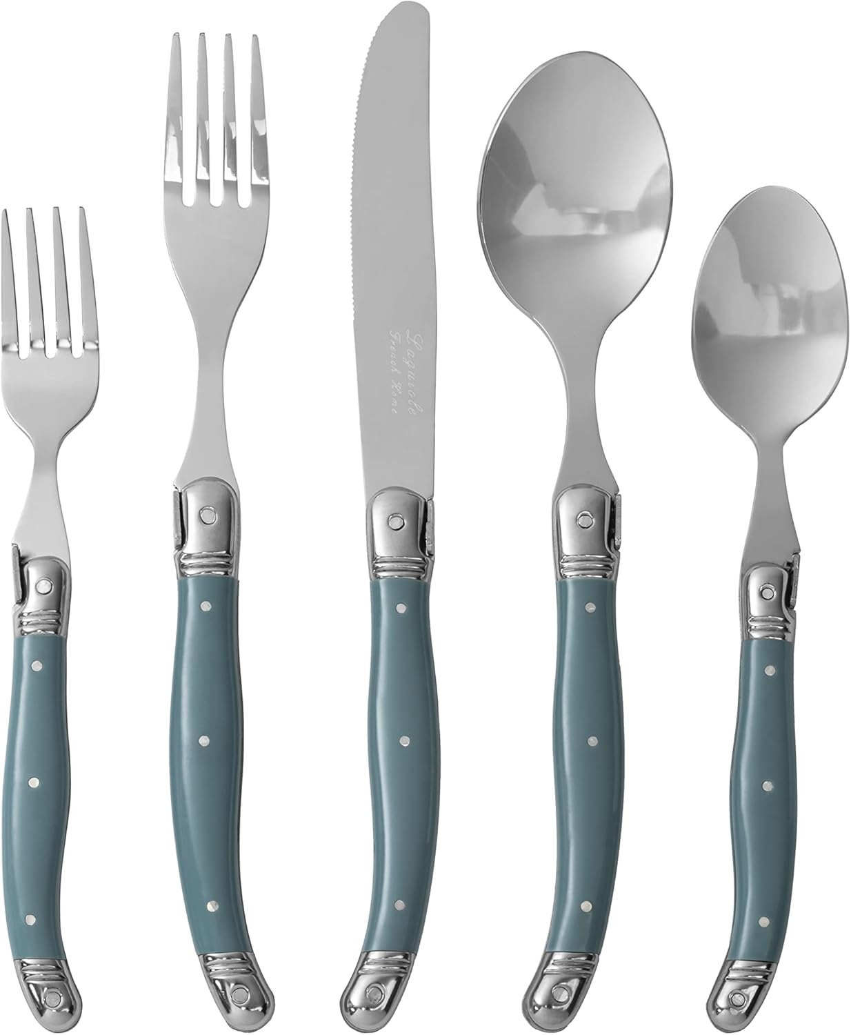 French Home Laguiole 20 Piece Flatware Set – Stainless Steel Flatware Set for 4 – Luxurious Aegean Teal Utensil Set with Knives, Spoons and Forks
