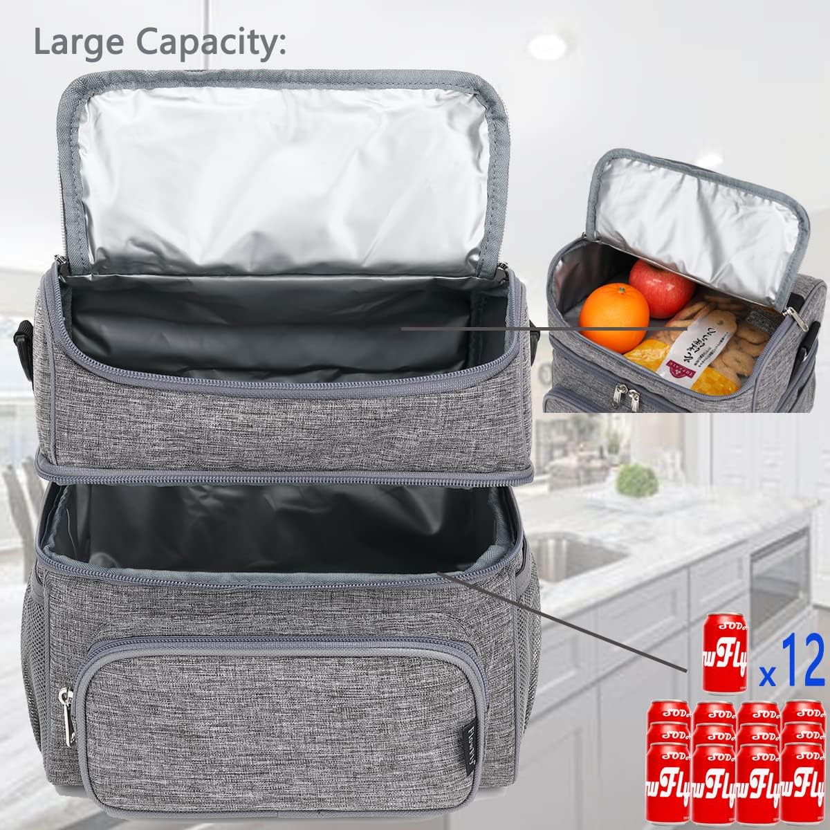 FlowFly Double Layer Cooler Insulated Lunch Bag Adult Lunch Box Large Tote Bag for Men, Women, With Adjustable Strap,Front Pocket and Dual Large Mesh Side Pockets