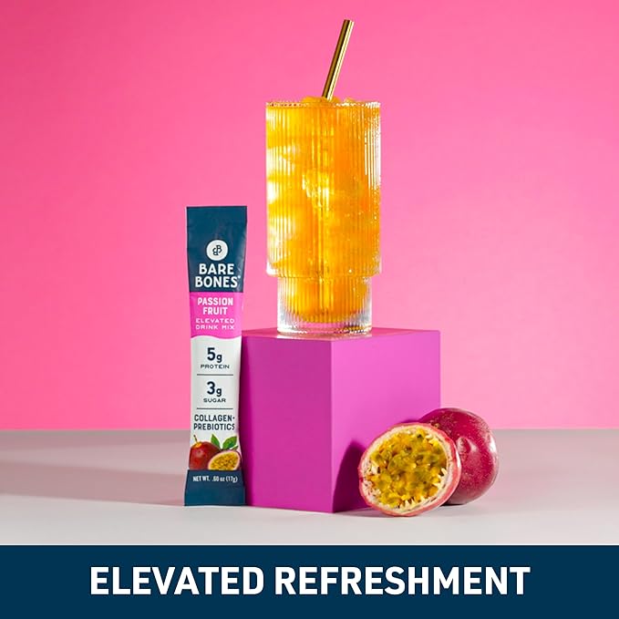 Bare Bones Passion Fruit Elevated Drink Mix | Light & Flavorful | Gluten-Free & Naturally Sweetened | On-the-Go Stick Single-Serve Packs Powdered Refreshment | 5g Protein | 16 Packets (.60 oz)