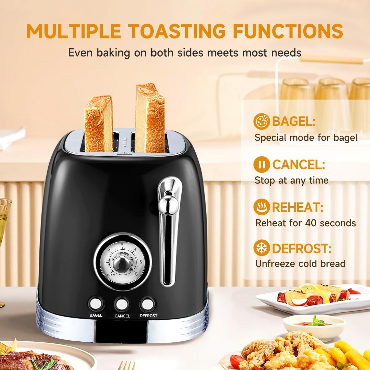 Glossy Black Cute Retro Toaster 2 Slice with 1.58" Wide Slots, Bread toaster with Cover and Warm Rack, Stainless Steel Toaster with Removable Crumb Tray, Preheat, Defrost, Cancel Function