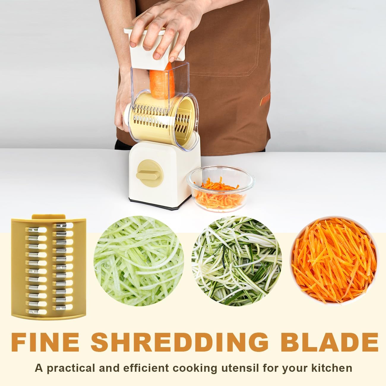 3 in 1 Cheese Grater, Rotary Cheese Grater with Handle for kitchen, Vegetable Slicer with 3 Replaceable Stainless Steel Blades,Peeler and Rubber Gloves (White)