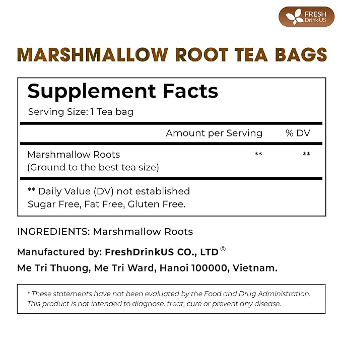 FreshDrinkUS, Premium 55 Marshmallow Root Tea Bags, 100% Natural & Pure from Marshmallow Root, Eco-Conscious Tea Bags, Marshmallow Root Herbal Tea. No Sugar, No Caffeine, No Gluten, Vegan.