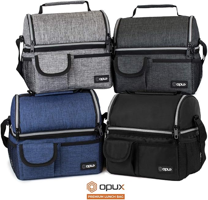opux Lunch Box for Men, Adult Lunch Box Cooler, Insulated Lunch Bag Women, Dual Compartment Lunchbox for Work, Leakproof Double Decker Lunch Bag, Soft Lunch Pail Tote Boys Girls Kids School, Black