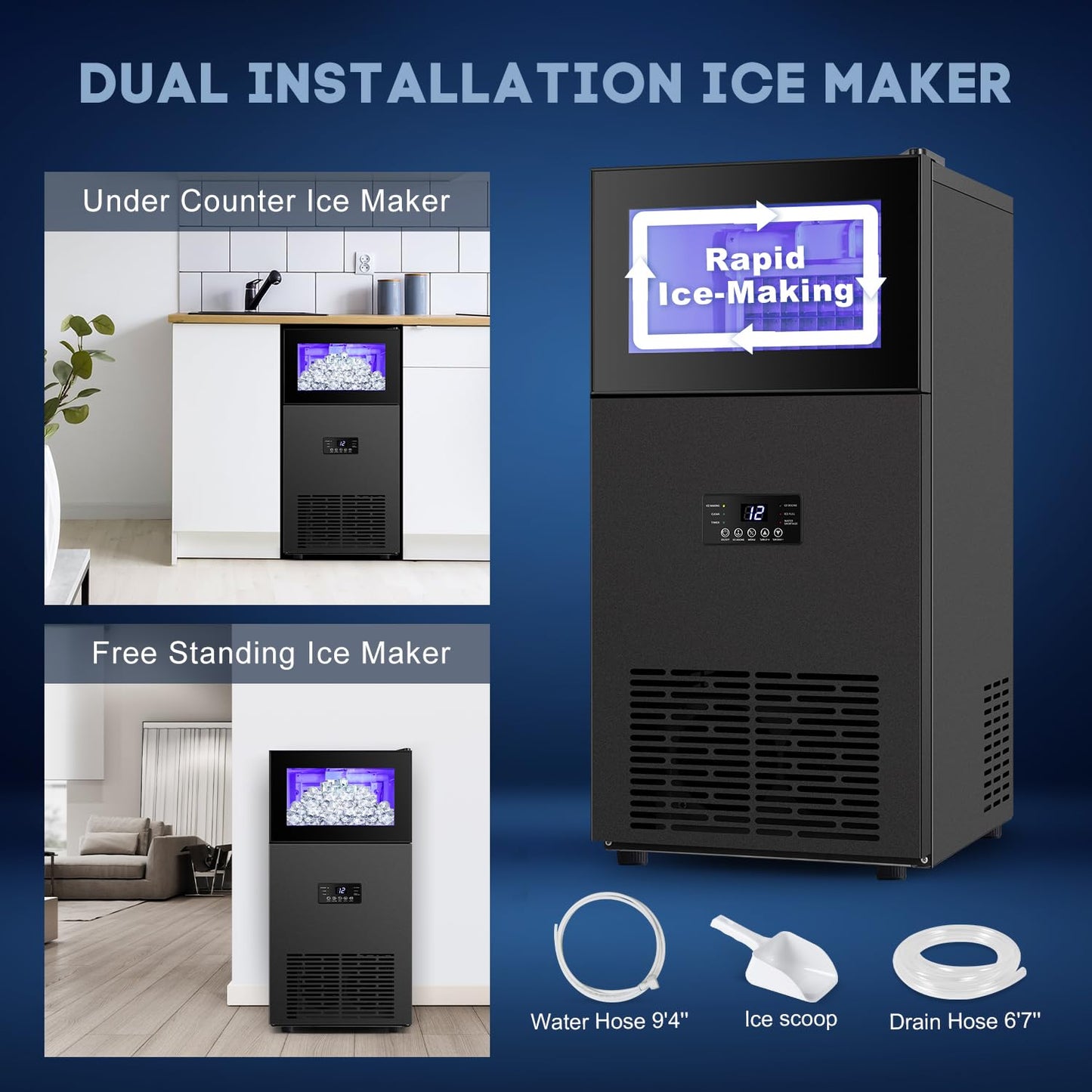 Commercial Ice Maker, 160Lbs/24H with 35Lbs Ice Capacity, 63Pcs Clear Ice Cubes per Round in 11-20Mins, 15inch Stainless Steel Under Counter Freestanding Ice Machine Maker for Home Bar Outdoor
