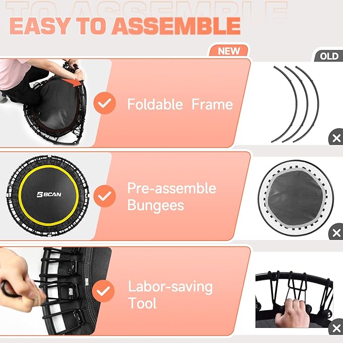 BCAN 40"/48" Rebounder Trampoline for Adult, 450/550LBS Fitness Trampoline with Bungees, Adjustable Handle, Stable & Quiet, Indoor Outdoor, Whole-Body Workout & Relaxation at Home for Women/Men