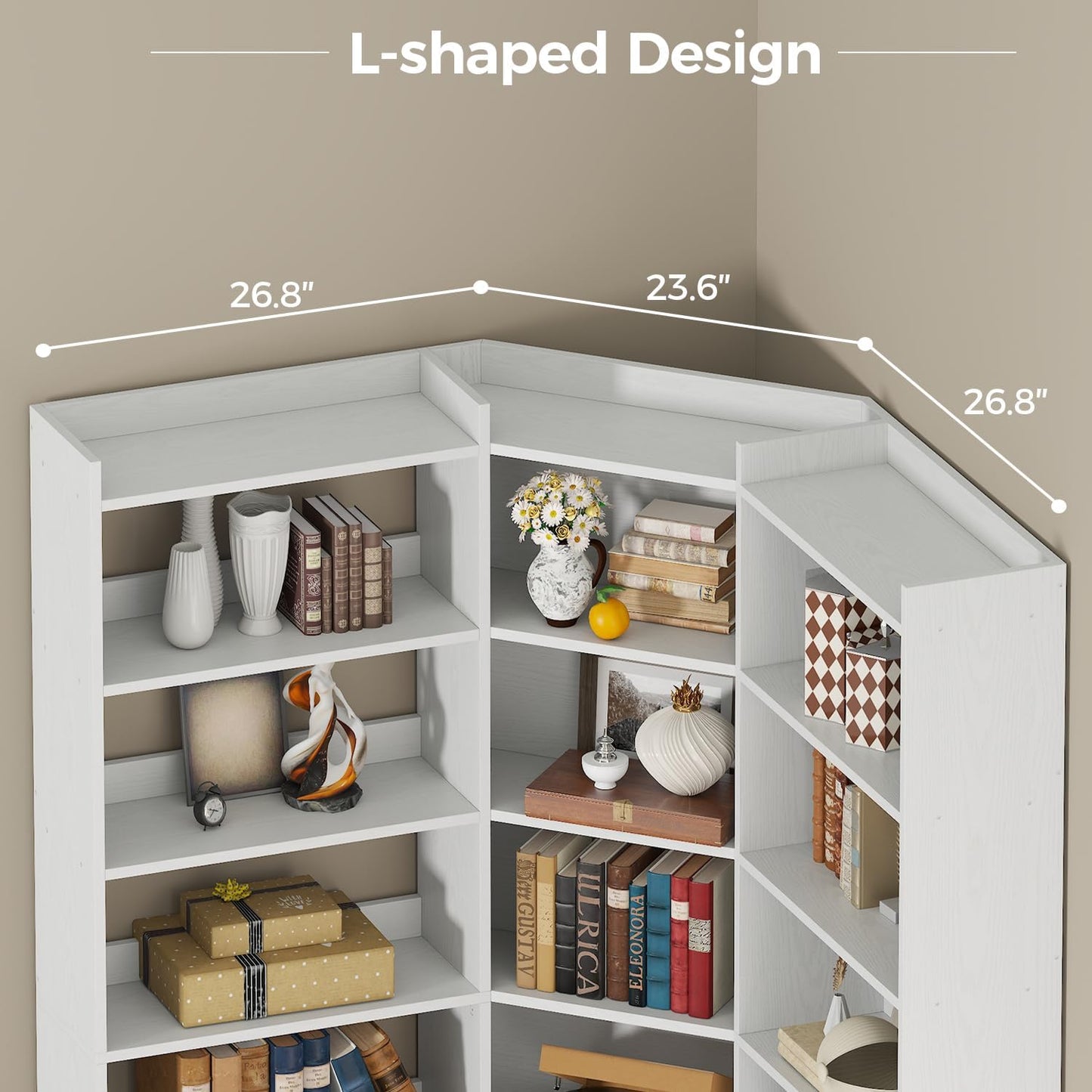 IRONCK Corner Bookshelf, 7-Tier Bookshelf with Storage, Corner Bookcases with Baffles Etagere Shelf for Living Room Home Office Bedroom, White