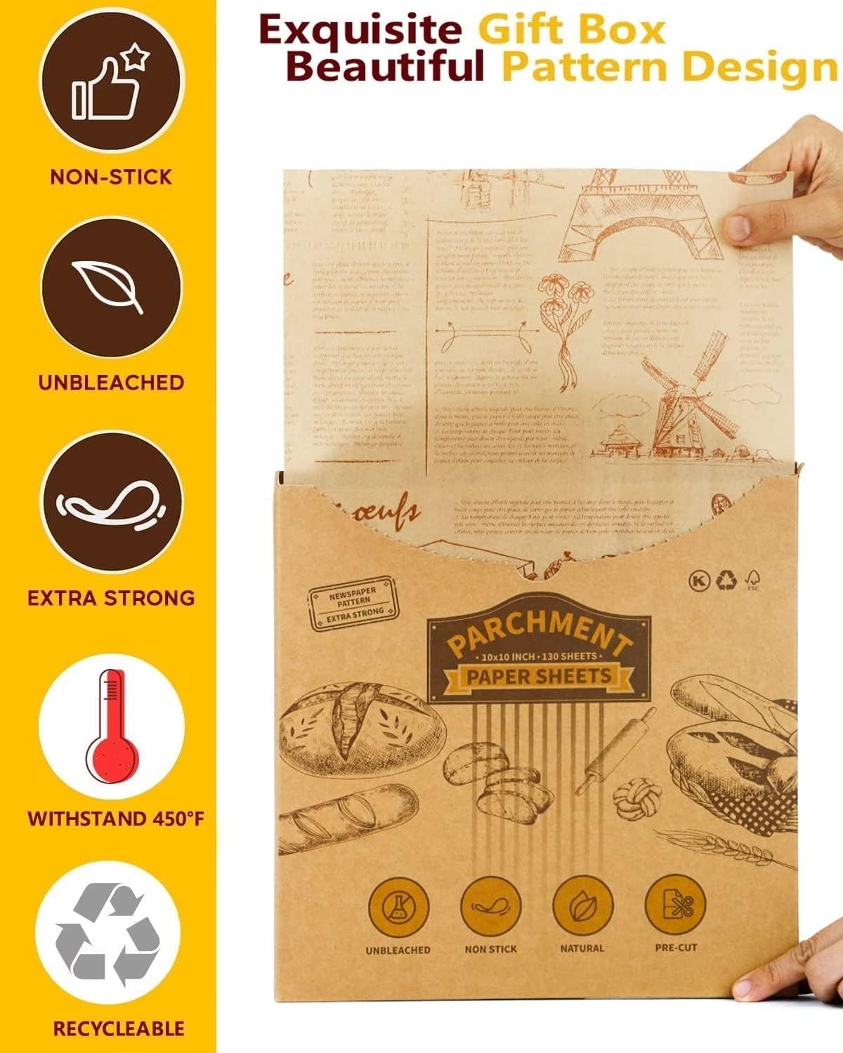 Katbite 130Pcs 10 Inch Sandwich Wrapping Paper, Heavy duty Deli Paper, Greaseproof & Non-stick Parchment Paper, Pre-cut Unbleached Parchment Paper is Perfect for Wrap Bread, Burger and Sandwich