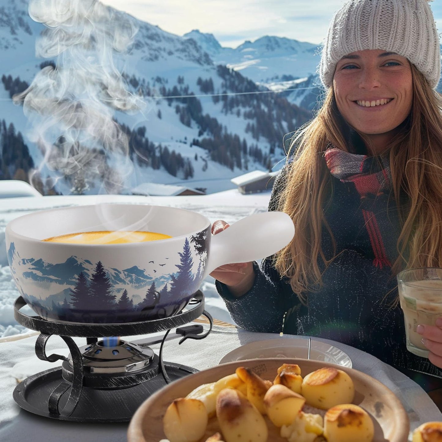 Artestia Serene Summits Swiss Design Fondue Set for Party - 2L Large Capacity Ceramic Fondue Pot Melting Cheese, Chocolate, 6 Fondue Forks, Fondue Party, Wedding Gifts