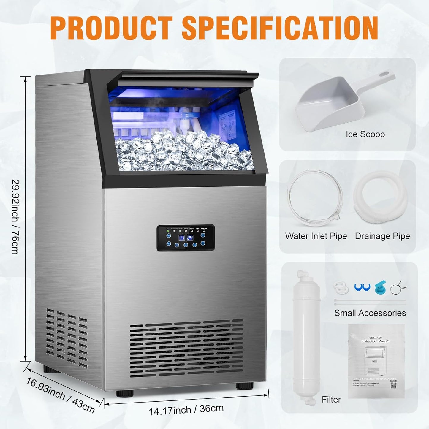 Commercial Ice Maker Machine, 120Lbs/24H with 30Lbs Storage Bin, 40Pcs Ice Cubes 6Mins, 2-Way Add Water Under Counter Freestanding Ice Maker Commercial for Home Bar Office