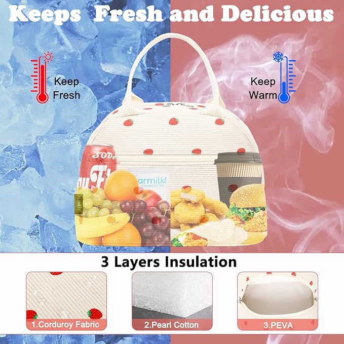 FlowFly Insulated Lunch Bag for Women – Corduroy Lunch Tote Box, Cute Cooler Bag for Work, Travel, Picnic, Corduroy Strawberries Beige