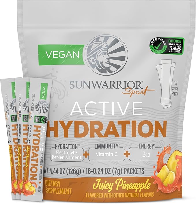 Sunwarrior Hydration Powder Electrolyte Packets Powder B12 Elderberry | Juicy Pineapple Flavored 18 Stick Packs 126g Pouch | Vegan and Plant-Based Sugar Free