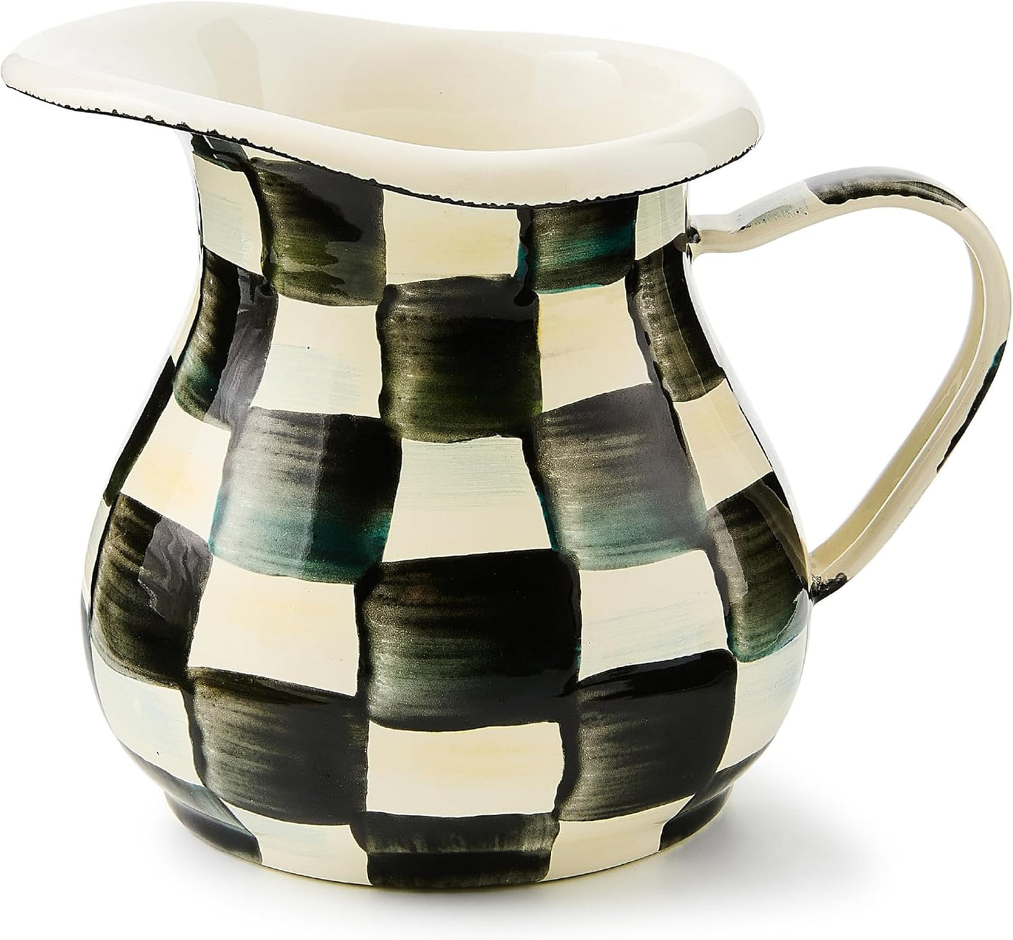 MACKENZIE-CHILDS Enamel Creamer, Creamer Dispenser with Pour Spout, Kitchen Enamelware, 14-Ounce Capacity, Black-and-White Courtly Check