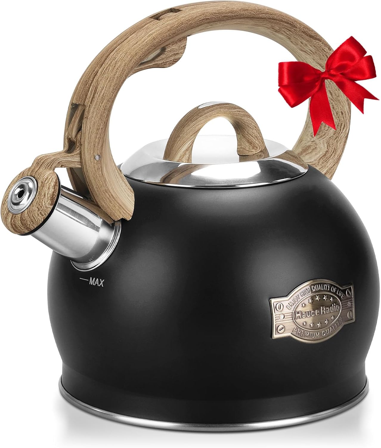Tea Kettle Stovetop, Black Tea Kettles-2.1 Quart Loud Whistle Stovetop Teapot,Food Grade Stainless Steel with Wood Pattern Handle, Unique Button Control Kettle Outlet for Tea, Coffee