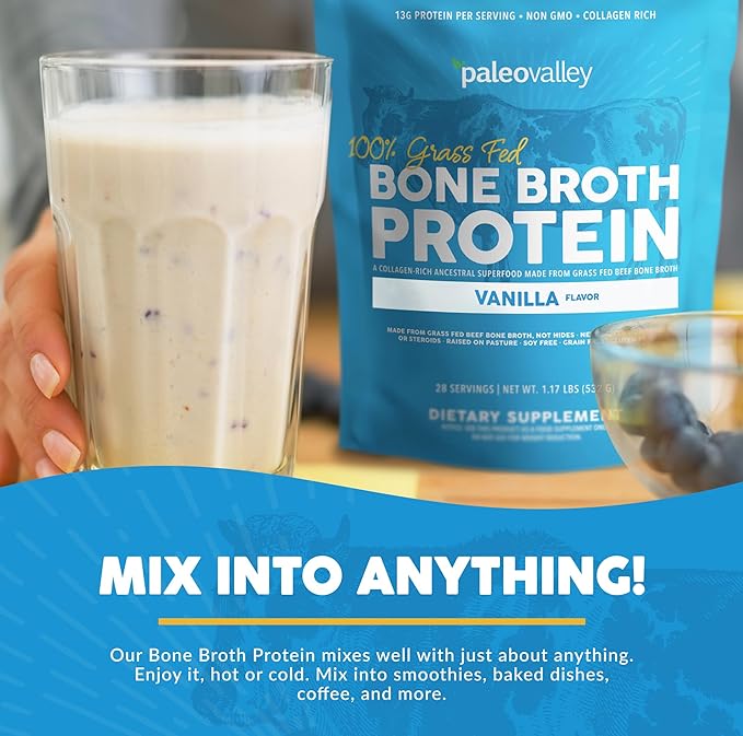 Paleovalley 100% Grass Fed Bone Broth Protein Powder - Vanilla - Rich in Collagen for Hair, Skin, Gut Health, Bone and Joint Support - 28 Servings