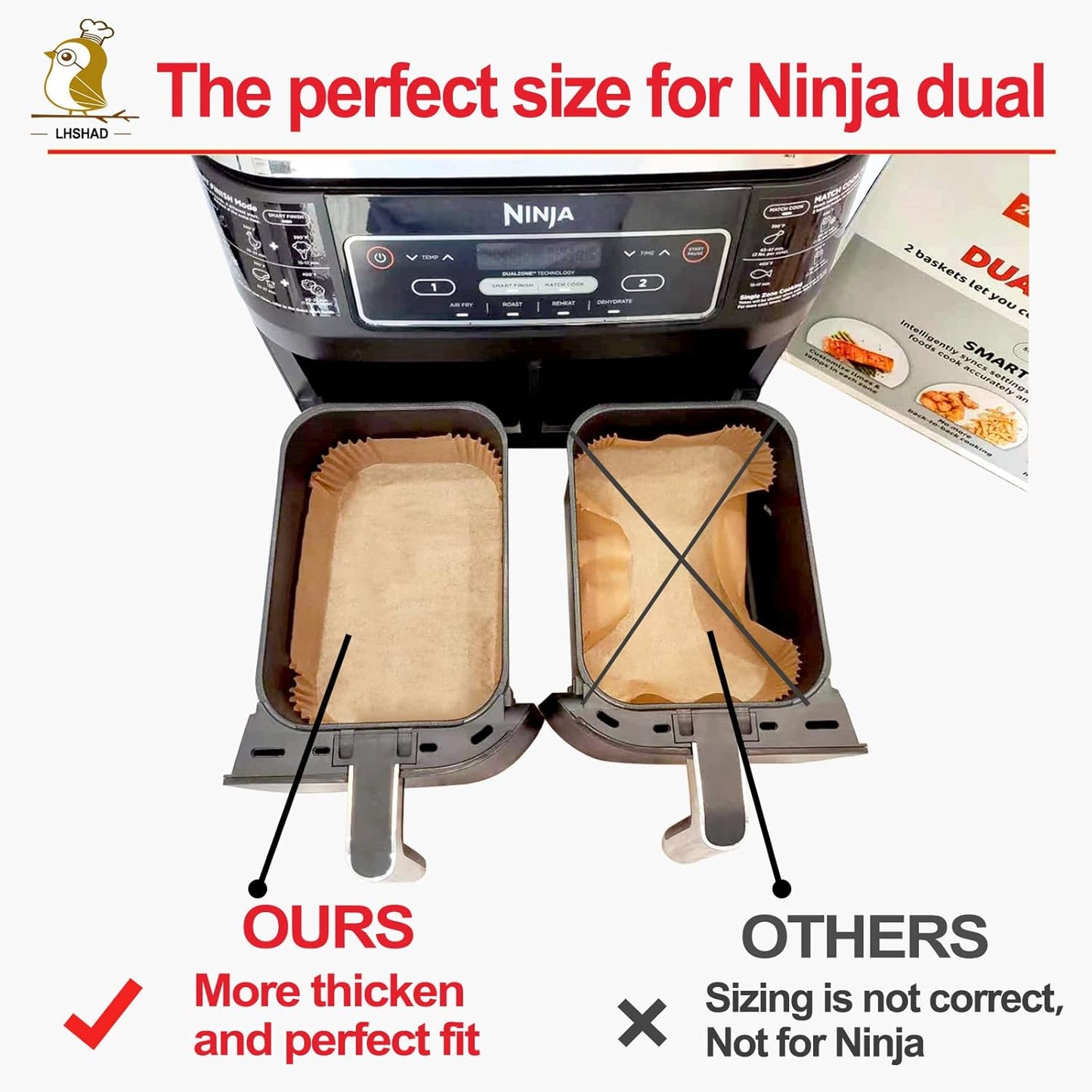 Air Fryer Liner Rectangular for Ninja Foodi Dual Basket 8QT 10QT, Bella Air Fryer Accessories, Air Fryer Liners 4 qt Rectangle, 125Pcs Parchment Paper liners for DZ201,DZ401, FG551