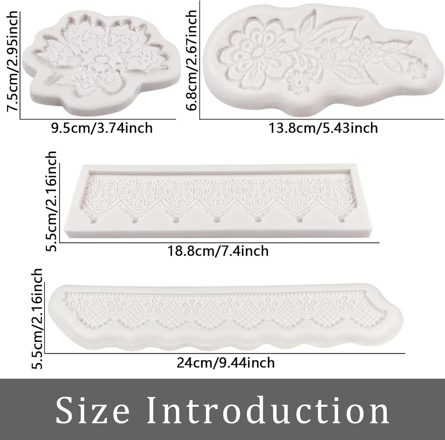 Lace Fondant Molds 4 Pcs, Peonies Embroidery Chocolate Cake Border Decorating Molds, Candy Sugar Craft Baking Tools, Cupcake Toppers Flower Paste Cookies Marzipan Mousse Butter Clay Epoxy
