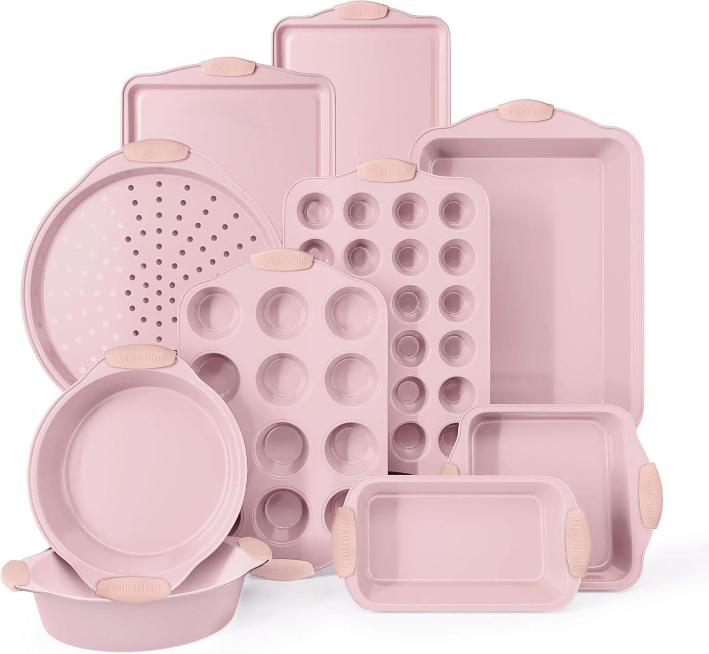 Country Kitchen Nonstick Stackable Bakeware Set - Heavy Duty, Durable, Easy Release Baking Set, Pink, 10 Pcs