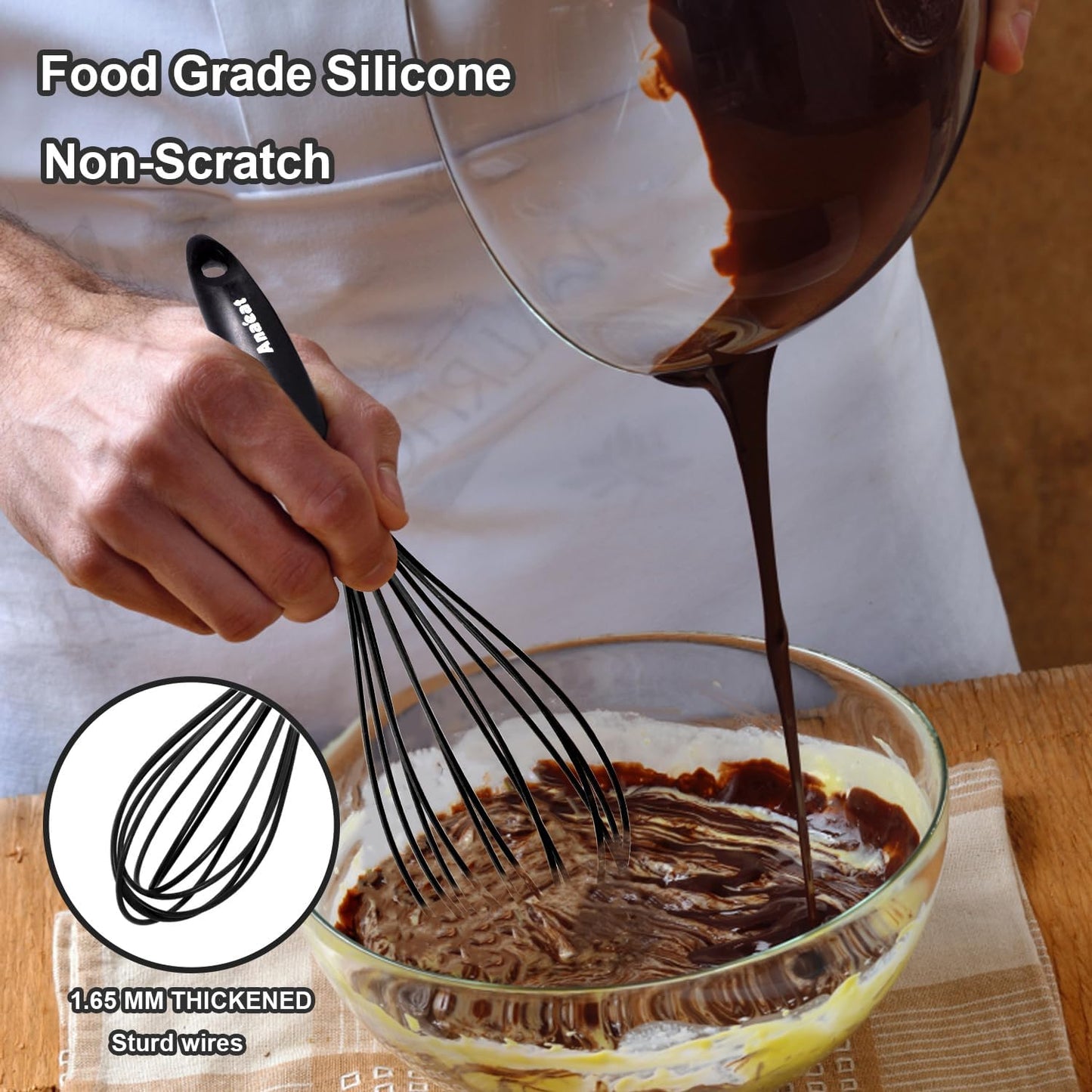 Anaeat 8.5" Silicone Balloon Whisk, Perfect for Non-Stick Cookware, Milk and Egg Beater Blender, Heat Resistant Kitchen Whisks for Whisking, Cooking, Baking, Beating, Frothing & Stirring (Black)