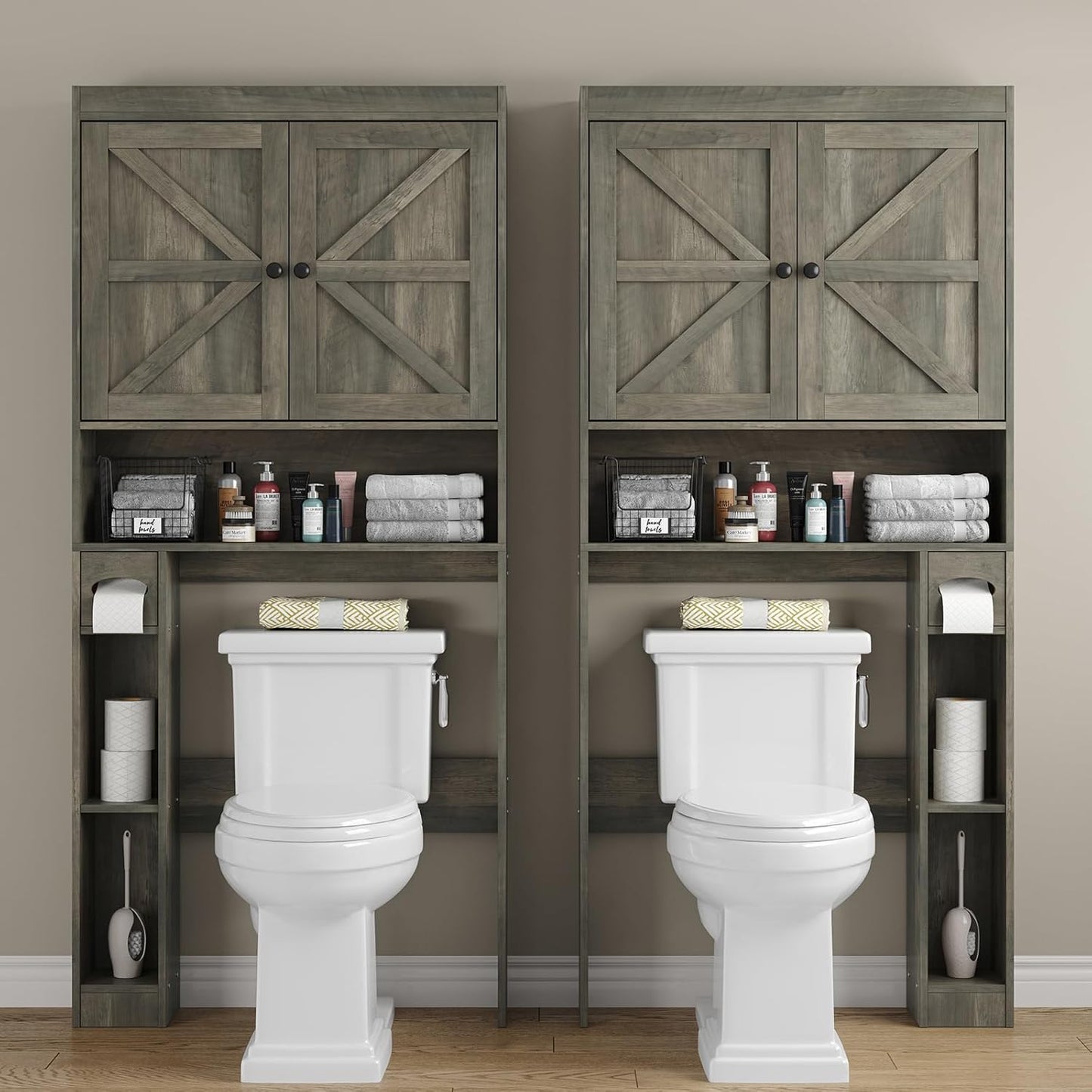 Furnideco 32.3''W Over The Toilet Storage Cabinet with Barn Doors, Over Toilet Shelf Farmhouse Storage Cabinet Space Saver with Toilet Paper Holder & Adjustable Bottom Bar, Gray