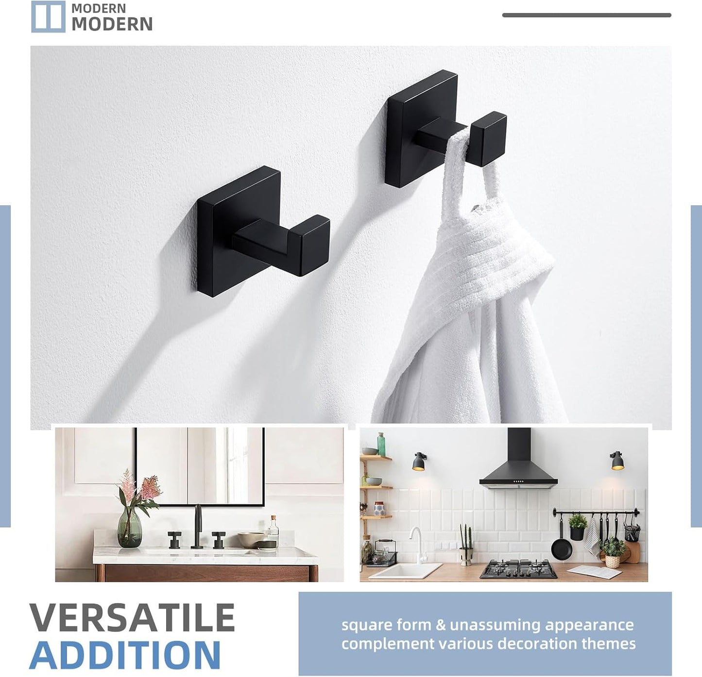 Angle Simple Matte Black Towel Hooks for Bathroom, SUS 304 Stainless Steel Square Wall Coat Hooks, 2 Pack
