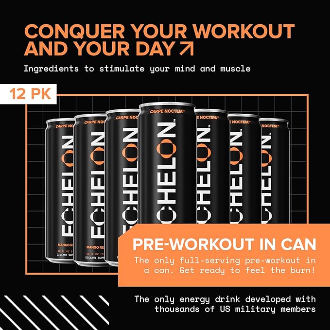 Echelon Pre-Workout Energy Drink - 12-Pack, Mango Reaper - Peak Performance, Sustained Energy, Focus and Endurance Dietary Supplement - 300mg of Caffeine, Beta-Alanine, L-Theanine & Fiber - Vegan